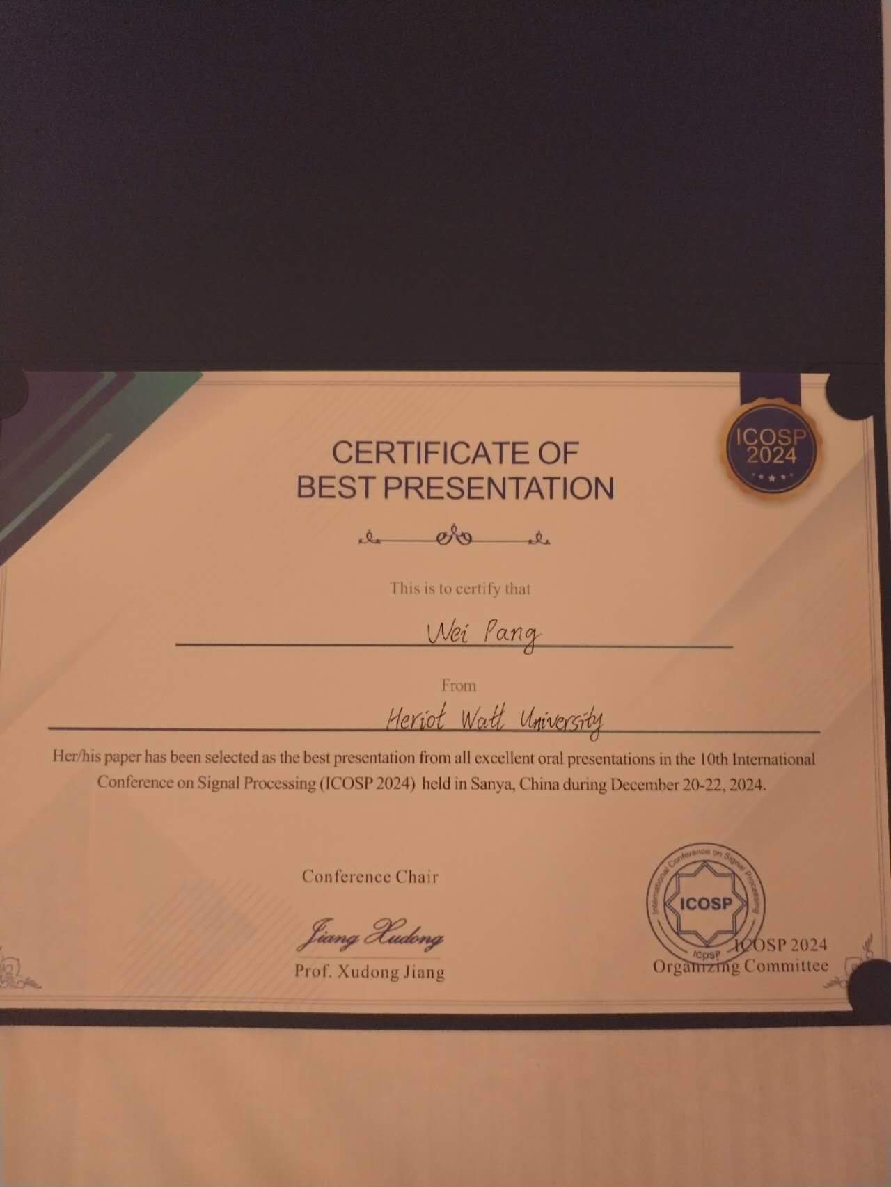 'Best Paper Presentation Award at 10th International Conference on Signal Processing 2024 