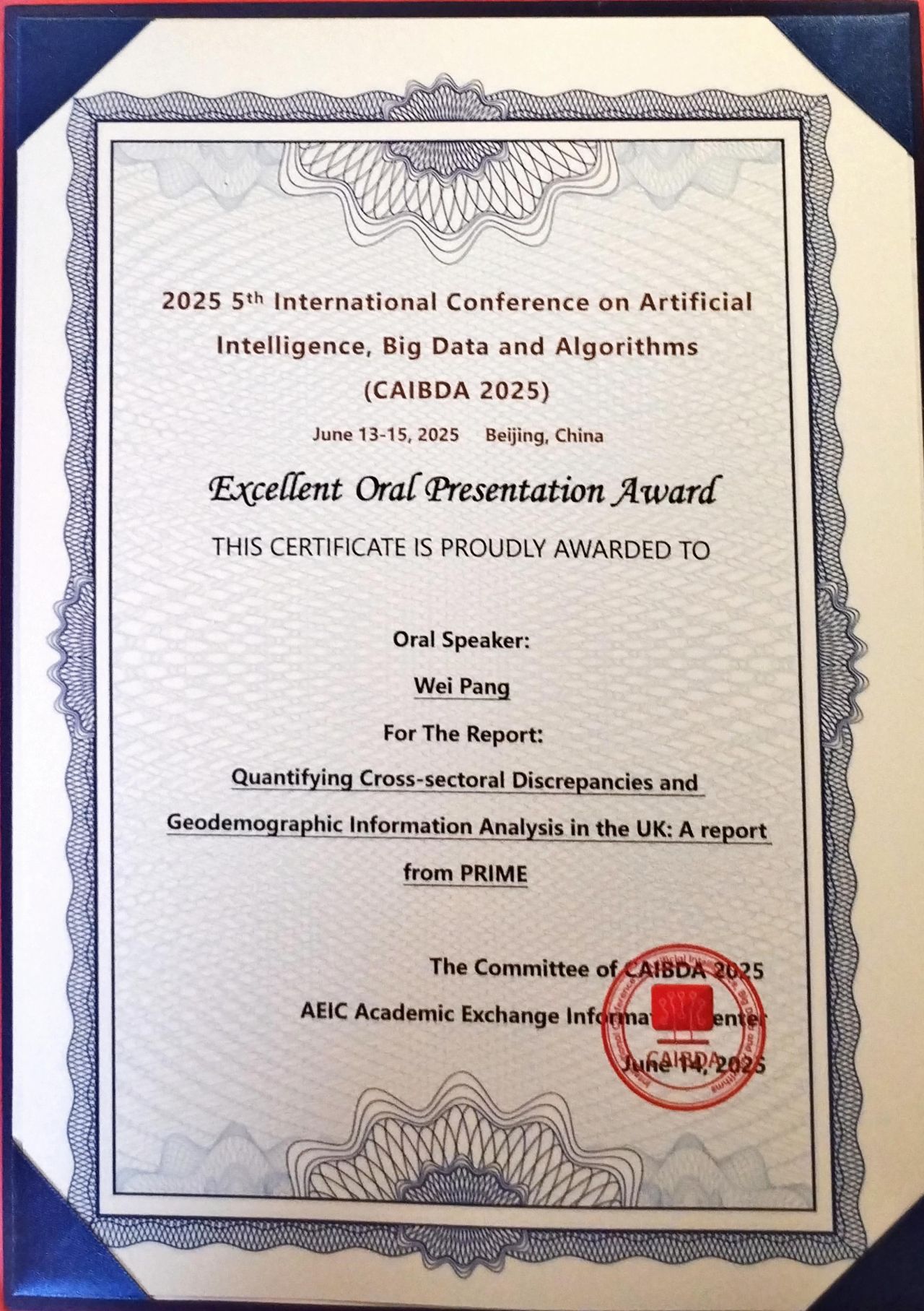 Excellent Presentation Award at the 5th International Conference on Artificial Intelligence, Big Data and Algorithms